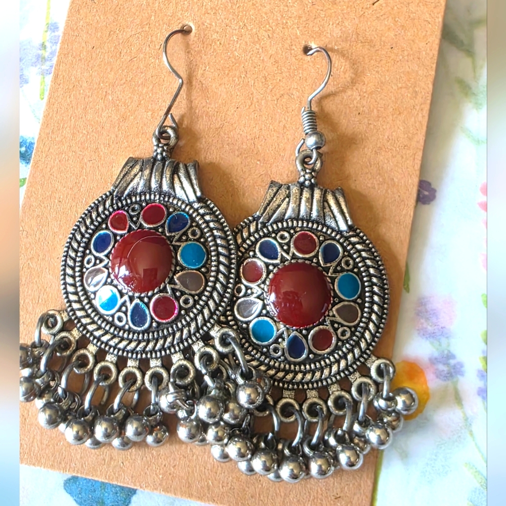 Red, Blue, Teal, and Silver Chandelier Earrings with Intricate Filigree